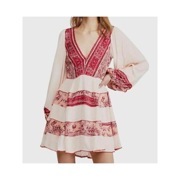 Free People My Love Mini Dress S Small Bohemian Patterned V Neck Long Sleeve - Picture 3 of 9